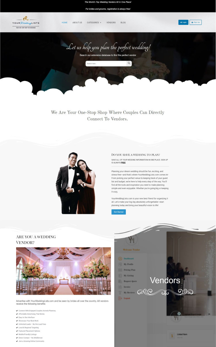 Your Wedding Lists — multi-user wedding platform homepage design